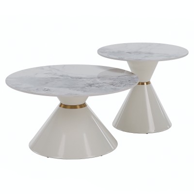 Măsuţe de cafea, set de 2, marmură albă/albă/auriu, metal, MABUZ NEW