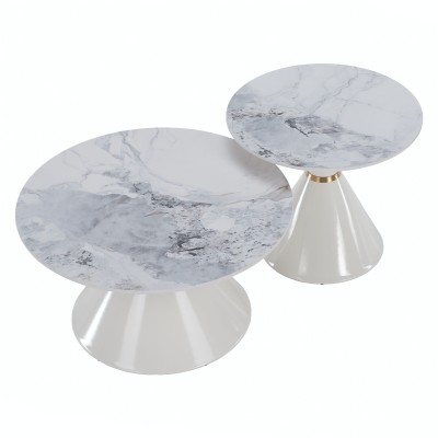 Măsuţe de cafea, set de 2, marmură albă/albă/auriu, metal, MABUZ NEW