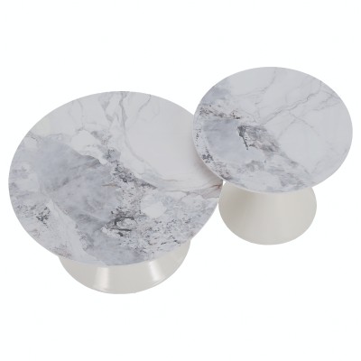 Măsuţe de cafea, set de 2, marmură albă/albă/auriu, metal, MABUZ NEW