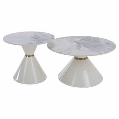 Măsuţe de cafea, set de 2, marmură albă/albă/auriu, metal, MABUZ NEW