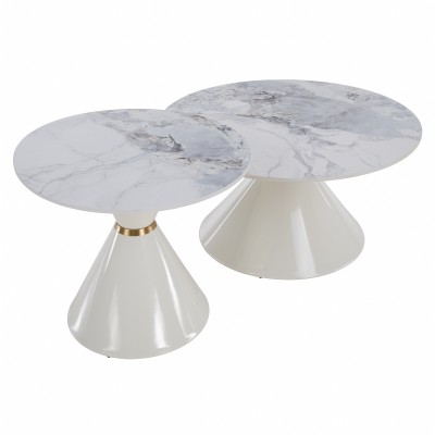 Măsuţe de cafea, set de 2, marmură albă/albă/auriu, metal, MABUZ NEW