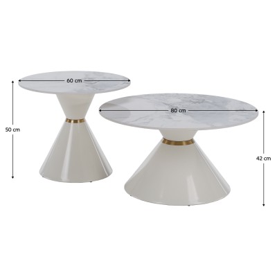 Măsuţe de cafea, set de 2, marmură albă/albă/auriu, metal, MABUZ NEW