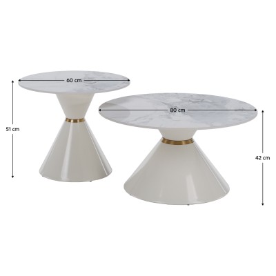 Măsuţe de cafea, set de 2, marmură albă/albă/auriu, metal, MABUZ NEW