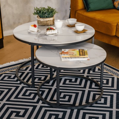 Măsuţe de cafea, set de 2, marmură albă/negru, LASTRO NEW