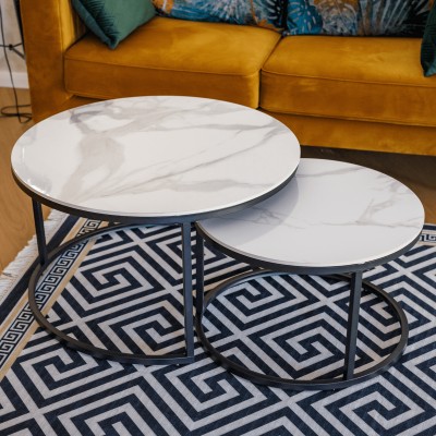 Măsuţe de cafea, set de 2, marmură albă/negru, LASTRO NEW