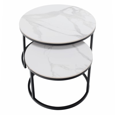 Măsuţe de cafea, set de 2, marmură albă/oţel negru, LASTRO