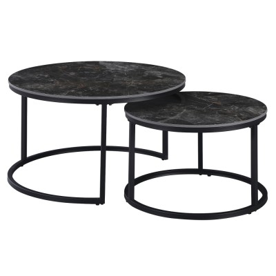 Măsuţe de cafea, set de 2, marmură negru/oţel negru, LASTRO