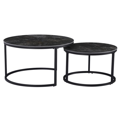 Măsuţe de cafea, set de 2, marmură negru/oţel negru, LASTRO