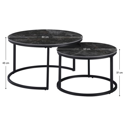 Măsuţe de cafea, set de 2, marmură negru/oţel negru, LASTRO