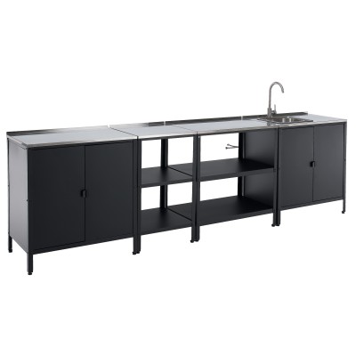 Mobilier de bucătărie de grădină cu 4 piese, chiuvetă, negru, oţel, INES