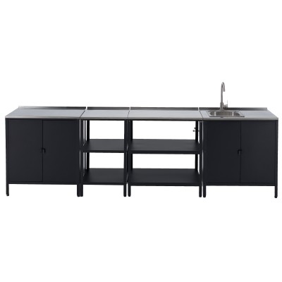 Mobilier de bucătărie de grădină cu 4 piese, chiuvetă, negru, oţel, INES