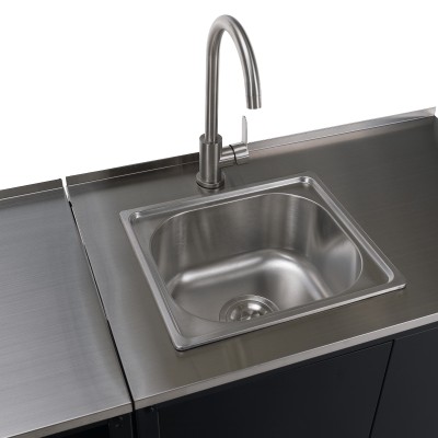 Mobilier de bucătărie de grădină cu 4 piese, chiuvetă, negru, oţel, INES