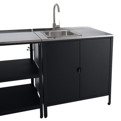 Mobilier de bucătărie de grădină cu 4 piese, chiuvetă, negru, oţel, INES