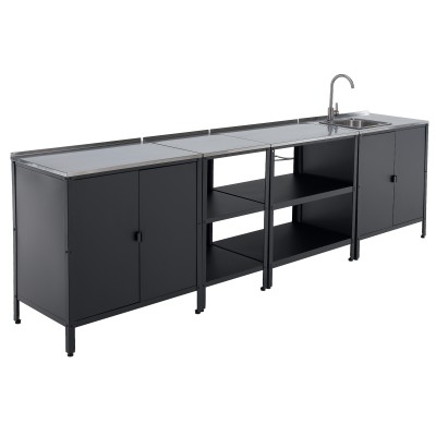 Mobilier de bucătărie de grădină cu 4 piese, chiuvetă, negru, oţel, INES