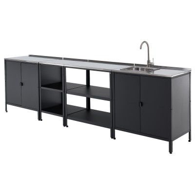 Mobilier de bucătărie de grădină cu 4 piese, chiuvetă, negru, oţel, INES