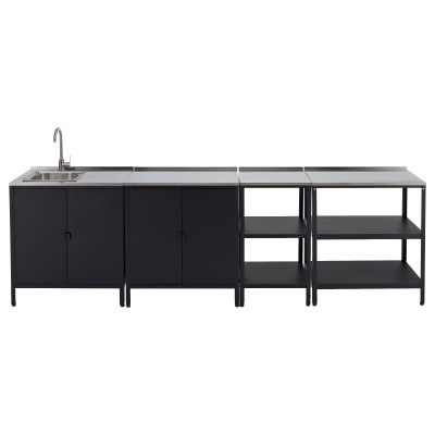 Mobilier de bucătărie de grădină cu 4 piese, chiuvetă, negru, oţel, INES