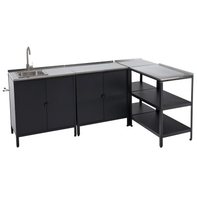 Mobilier de bucătărie de grădină cu 4 piese, chiuvetă, negru, oţel, INES