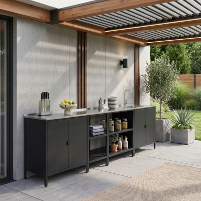 Mobilier de bucătărie de grădină cu 4 piese, chiuvetă, negru, oţel, INES