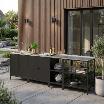 Mobilier de bucătărie de grădină cu 4 piese, chiuvetă, negru, oţel, INES
