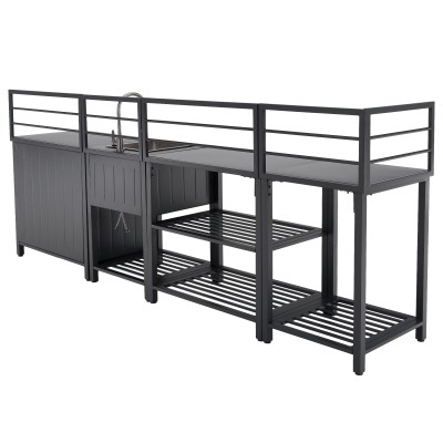 Mobilier de bucătărie de grădină cu 4 piese şi chiuvetă, oţel, gri, TANITA
