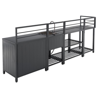 Mobilier de bucătărie de grădină cu 4 piese şi chiuvetă, oţel, gri, TANITA
