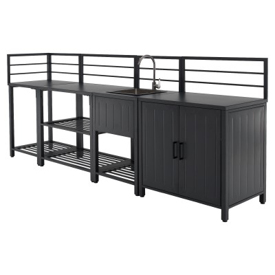 Mobilier de bucătărie de grădină cu 4 piese şi chiuvetă, oţel, gri, TANITA