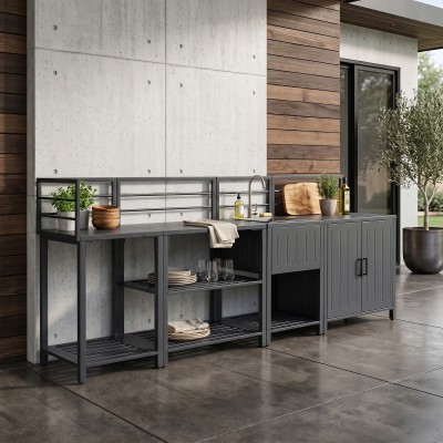 Mobilier de bucătărie de grădină cu 4 piese şi chiuvetă, oţel, gri, TANITA