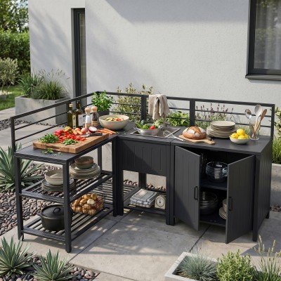 Mobilier de bucătărie de grădină cu 4 piese şi chiuvetă, oţel, gri, TANITA