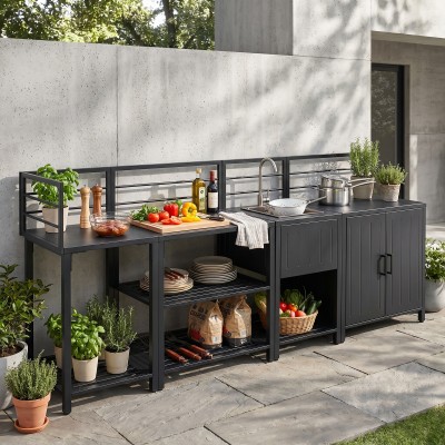 Mobilier de bucătărie de grădină cu 4 piese şi chiuvetă, oţel, gri, TANITA