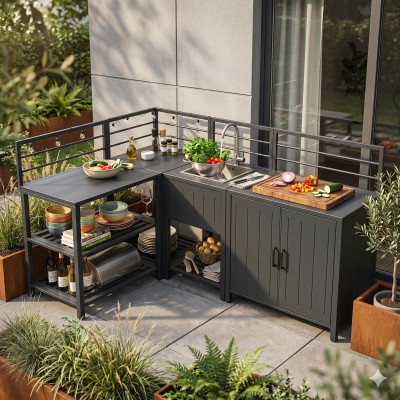 Mobilier de bucătărie de grădină cu 4 piese şi chiuvetă, oţel, gri, TANITA