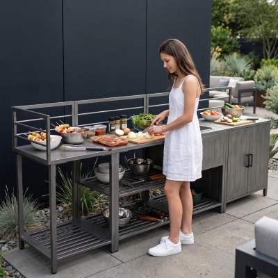 Mobilier de bucătărie de grădină cu 4 piese şi chiuvetă, oţel, gri, TANITA