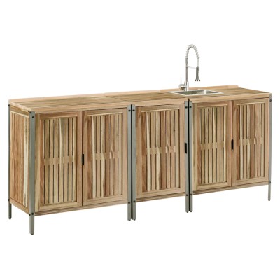 Mobilier de bucătărie pentru grădină din 3 piese cu chiuvetă, lemn de salcâm, natural, ALIENA