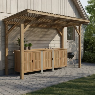 Mobilier de bucătărie pentru grădină din 3 piese cu chiuvetă, lemn de salcâm, natural, ALIENA