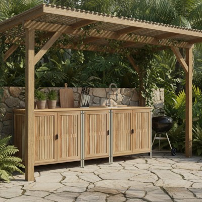 Mobilier de bucătărie pentru grădină din 3 piese cu chiuvetă, lemn de salcâm, natural, ALIENA