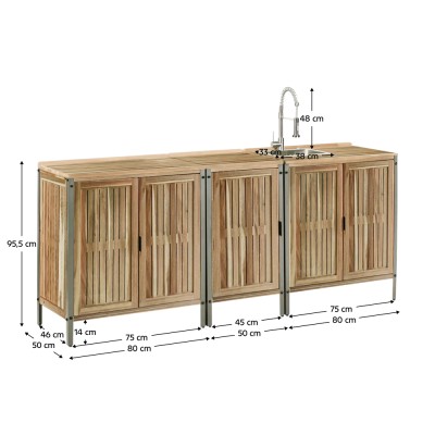 Mobilier de bucătărie pentru grădină din 3 piese cu chiuvetă, lemn de salcâm, natural, ALIENA