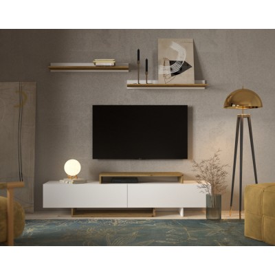 Mobilier de perete living, alb/stejar artisan, MILONA