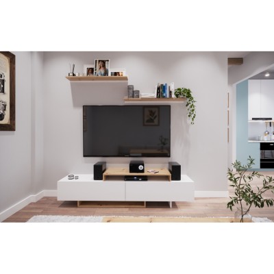 Mobilier de perete living, alb/stejar artisan, MILONA