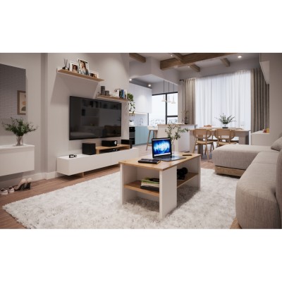 Mobilier de perete living, alb/stejar artisan, MILONA