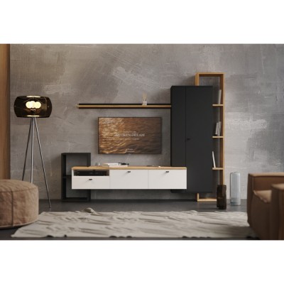 Mobilier de perete living, negru/alb/stejar craft auriu, DENISO