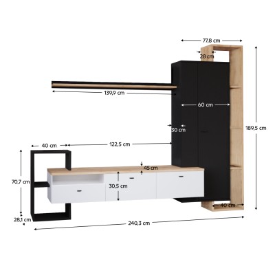 Mobilier de perete living, negru/alb/stejar craft auriu, DENISO