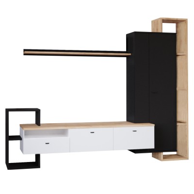 Mobilier de perete living, negru/alb/stejar craft auriu, DENISO