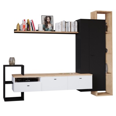 Mobilier de perete living, negru/alb/stejar craft auriu, DENISO
