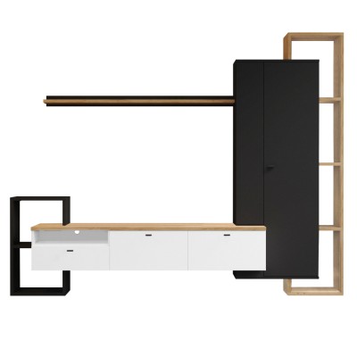 Mobilier de perete living, negru/alb/stejar craft auriu, DENISO