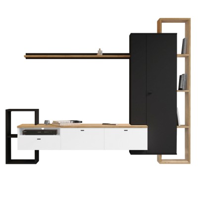 Mobilier de perete living, negru/alb/stejar craft auriu, DENISO