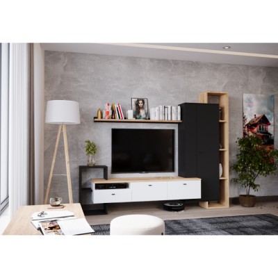 Mobilier de perete living, negru/alb/stejar craft auriu, DENISO