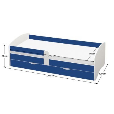 Pat cu lamele şi spaţiu de depozitare 90x200, alb/albastru, COCOLINO