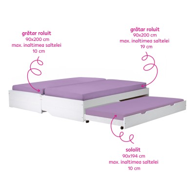 Pat cu module suplimentare extensibile, culoare albă, lemn masiv, 90x200, FLOPY