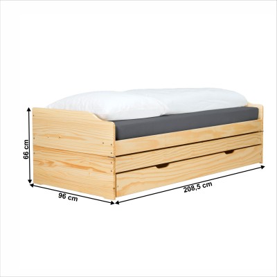 Pat cu module suplimentare extensibile, culoare naturală, lemn masiv, 90x200, FLOPY