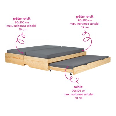 Pat cu module suplimentare extensibile, culoare naturală, lemn masiv, 90x200, FLOPY