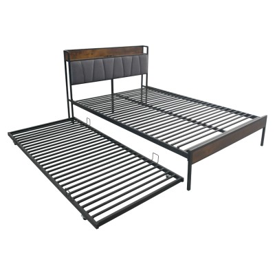 Pat cu pat cu somieră şi pat suplimentar extensibil, 140x200, negru/gri, NORDO